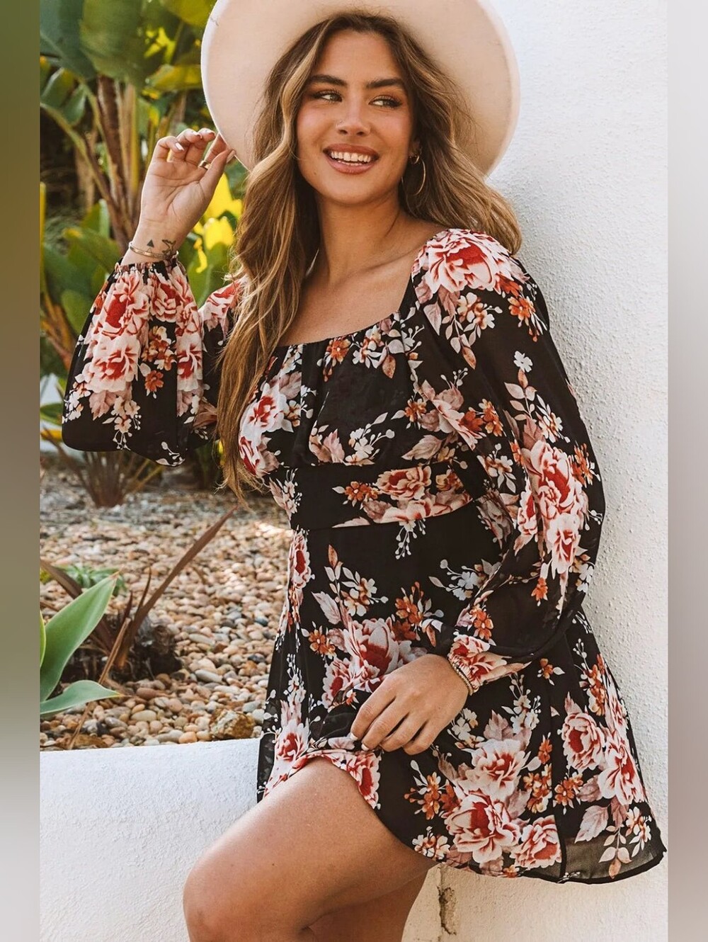 Black Floral Long Sleeve Mini Dress With Tie Back